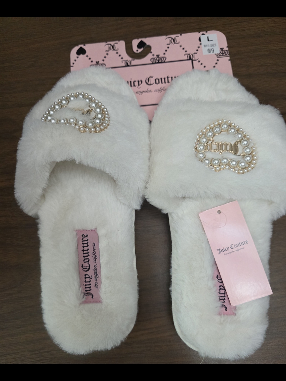 Juicy Couture Pearl Heart White Fuzzy Slide Slippers